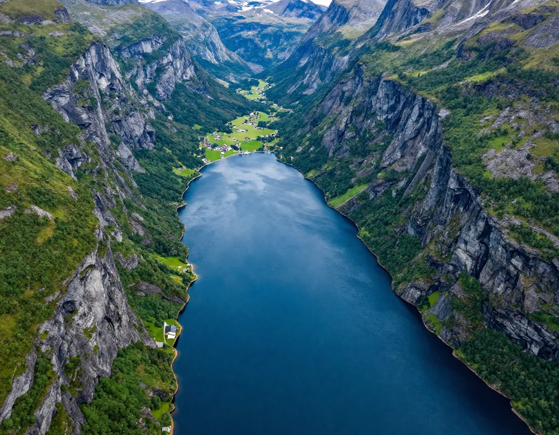 Aerial view deep blue norwegian fjord cutting green cliffs