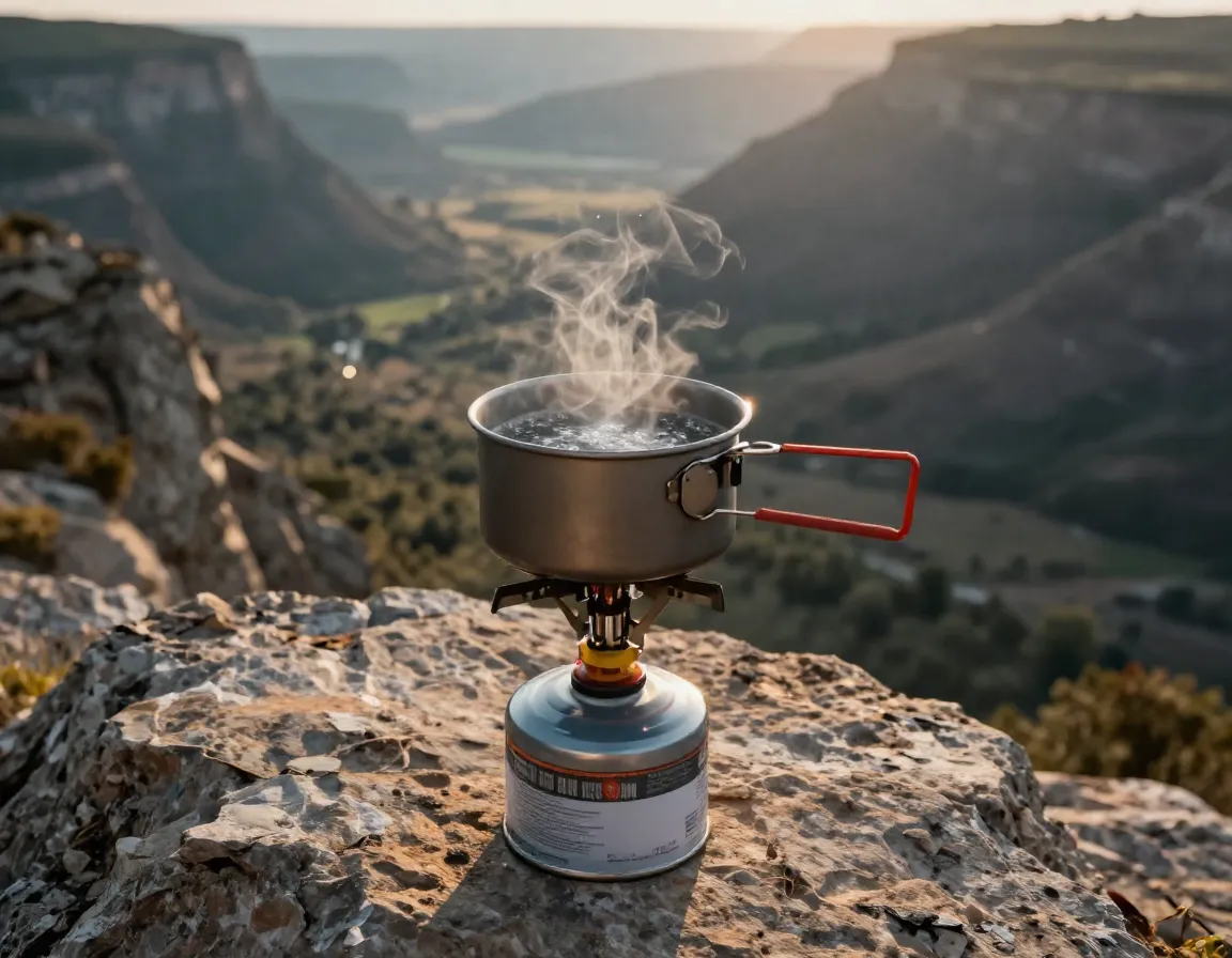 Canister stove boiling water on rocky ledge overlooking valley
