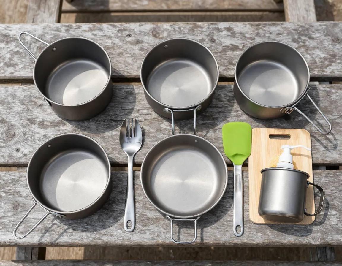 Nested titanium camp cookware set with utensils on a picnic table
