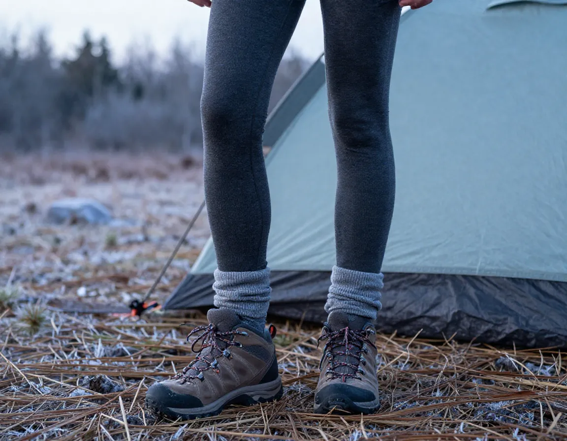Woman wearing thermal merino leggings under hiking pants at a chilly campsite