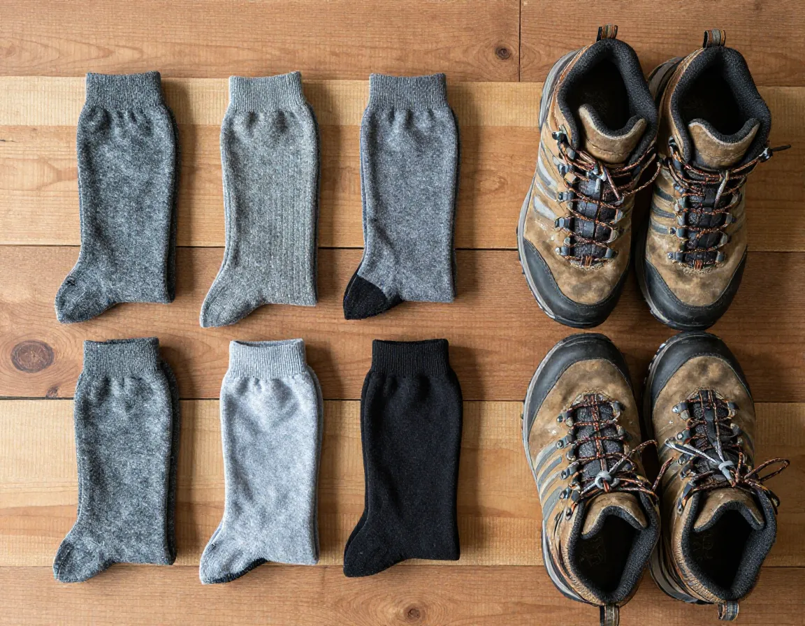 Detail of layered merino hiking socks and liner socks beside hiking boots