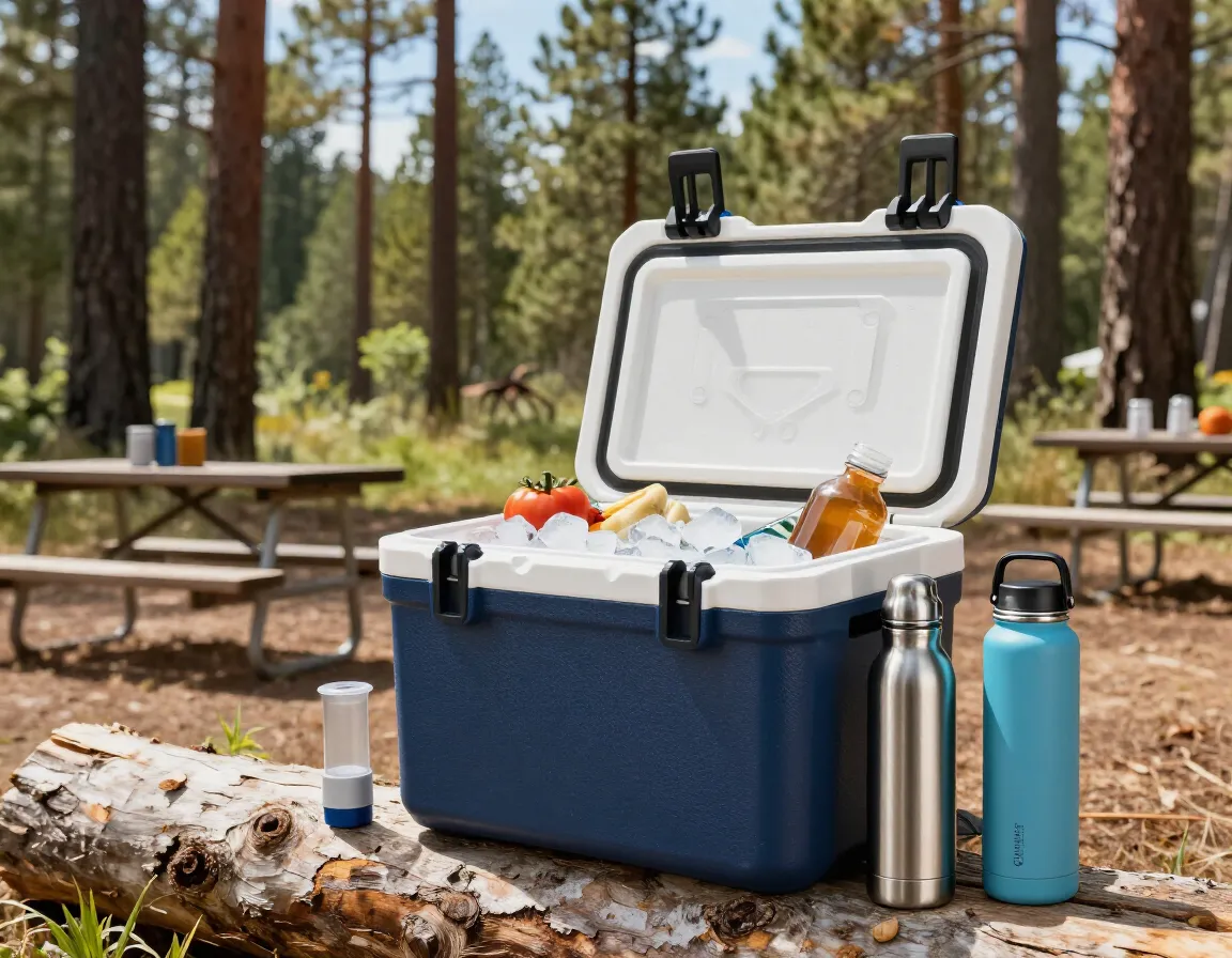 Insulated water bottle and cooler with block ice at a sunny campsite