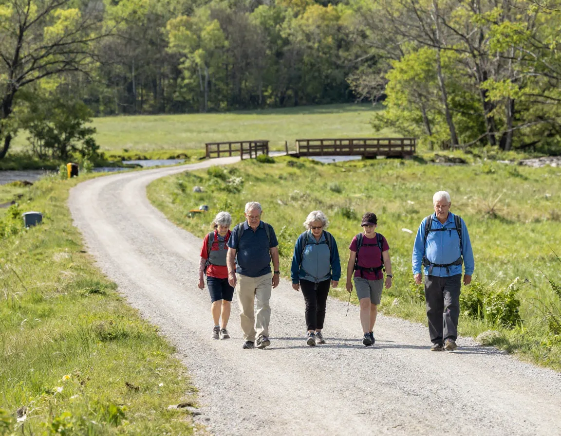 Multi generational group walking an easy gravel windham path