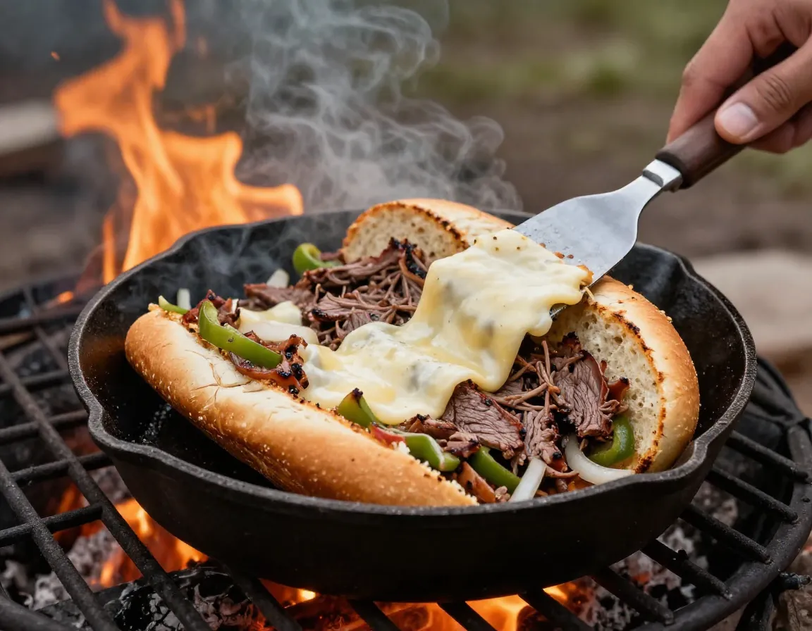 Skillet philly cheesesteak with melted provolone on hoagie roll