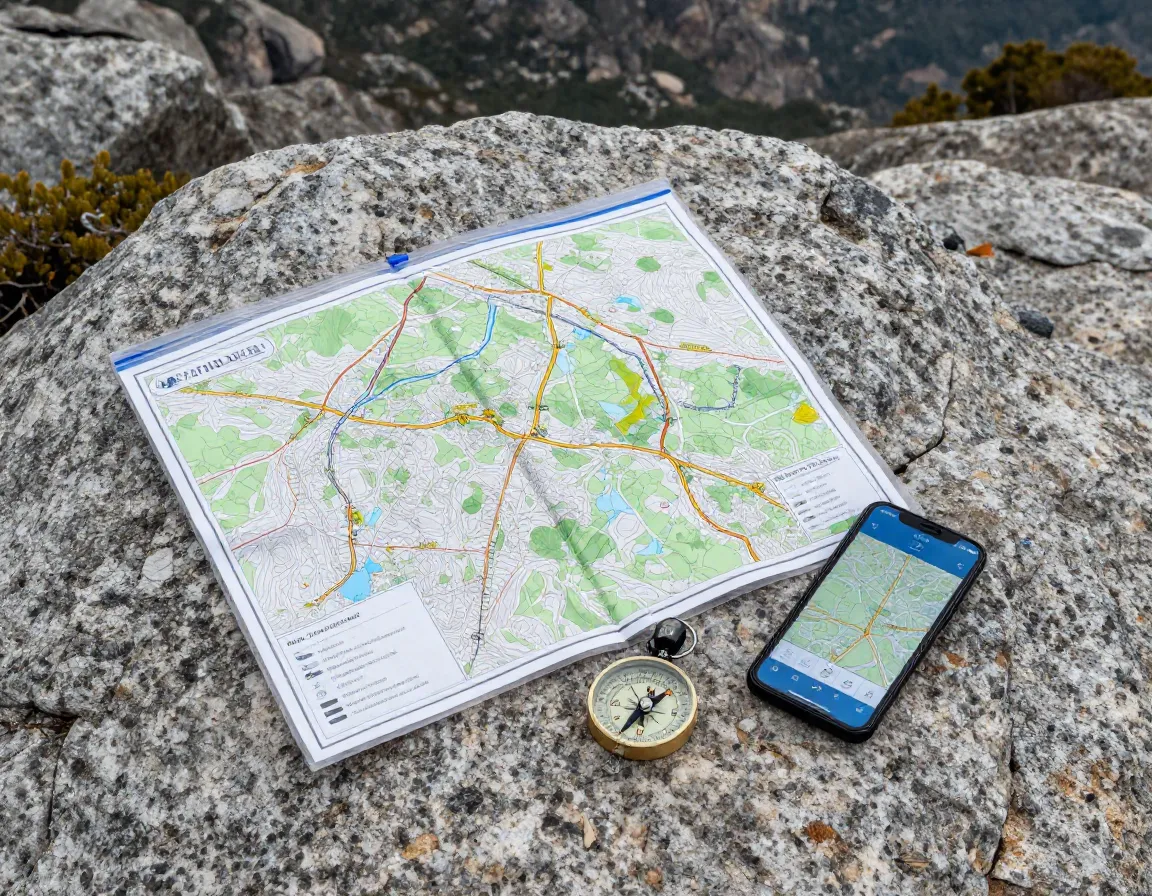 Topographic map and compass on granite rock in wilderness