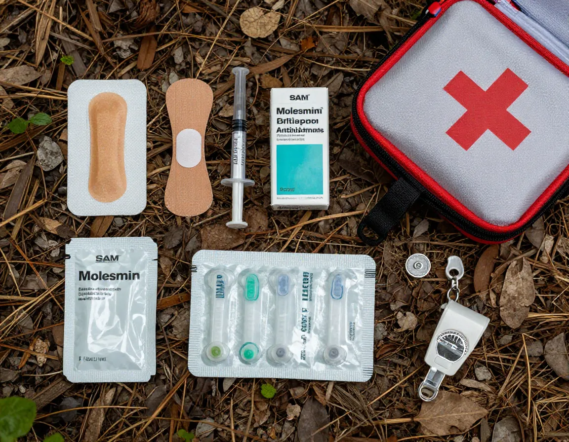 Customized first aid kit contents organized on forest floor