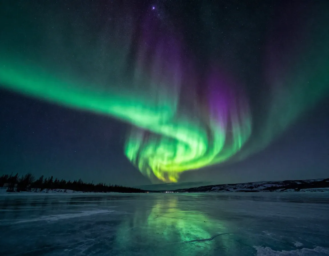 Green aurora borealis rippling over starry sky frozen lake