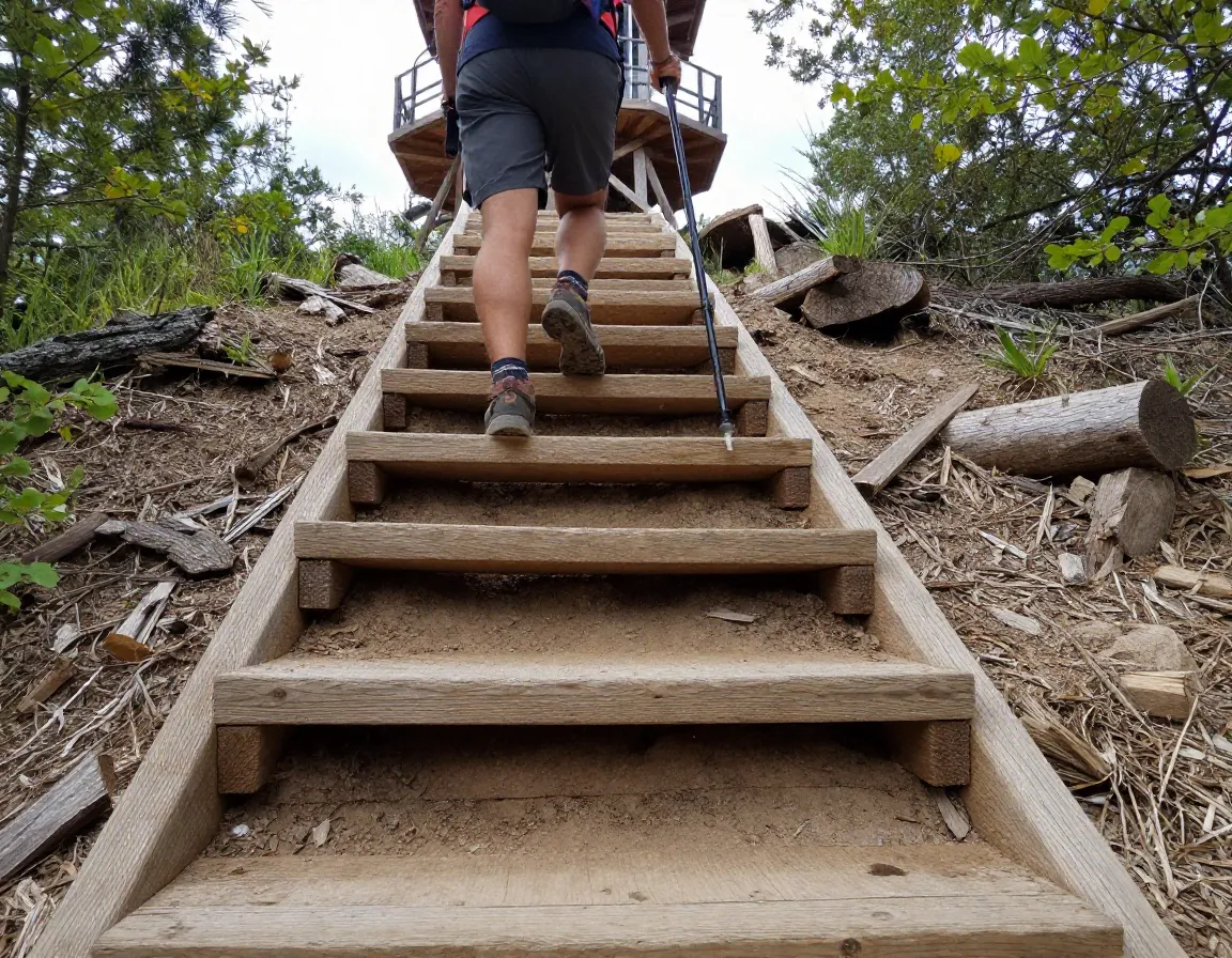 Hiker ascending new bramley mountain fire tower trail steps