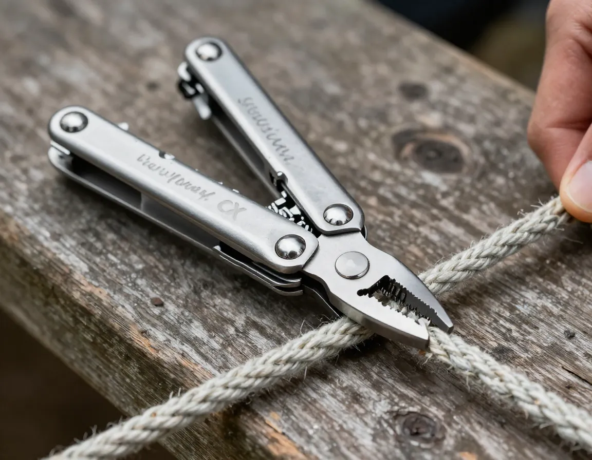 Leatherman multi tool cutting a rope on a wooden camp bench