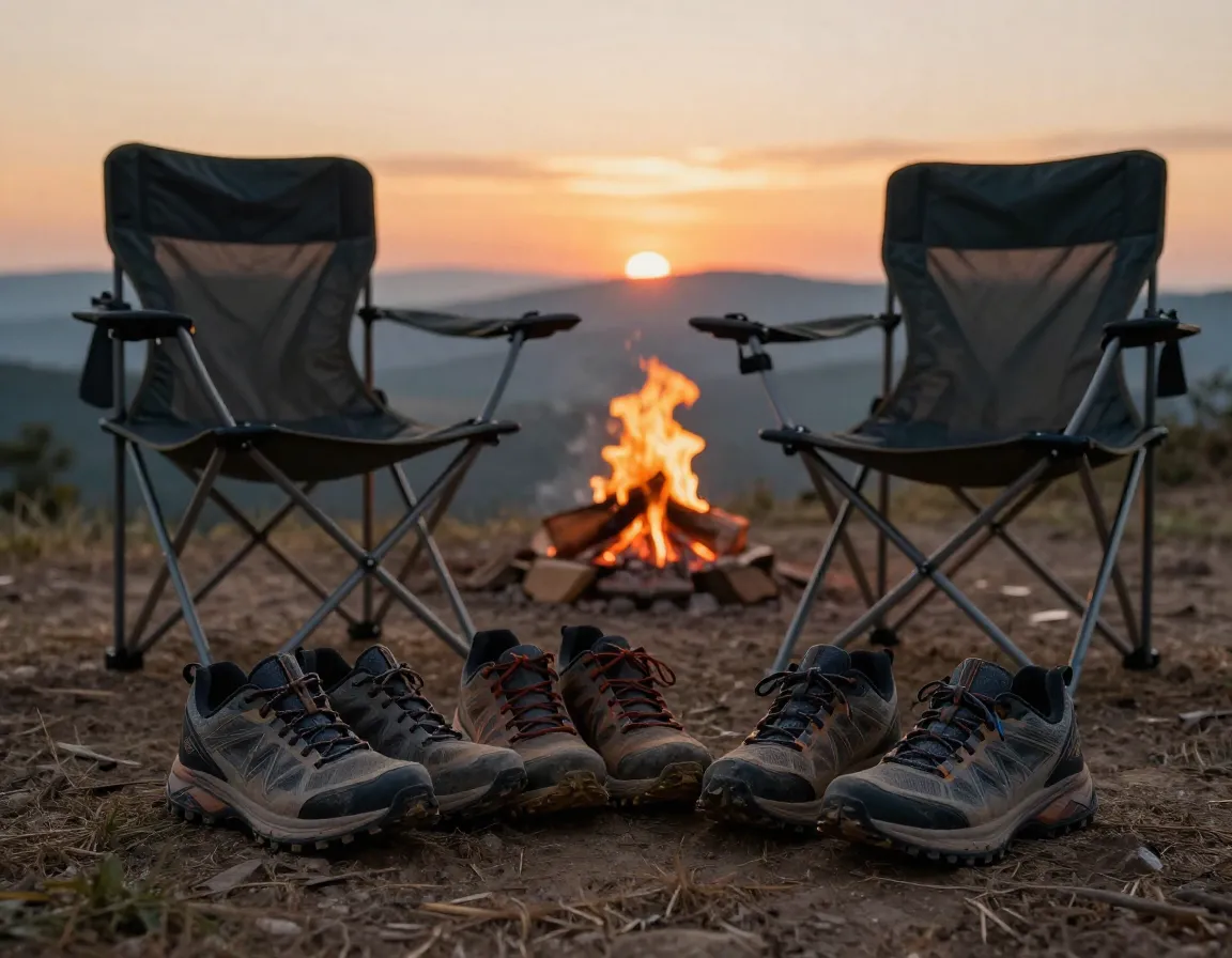 A pair of lightweight trail runners next to a camp chair at sunset