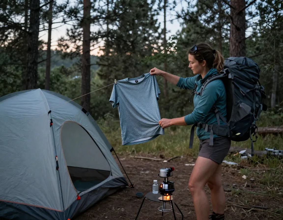 A thru hiker airing out a fresh recycled polyester shirt at a campsite