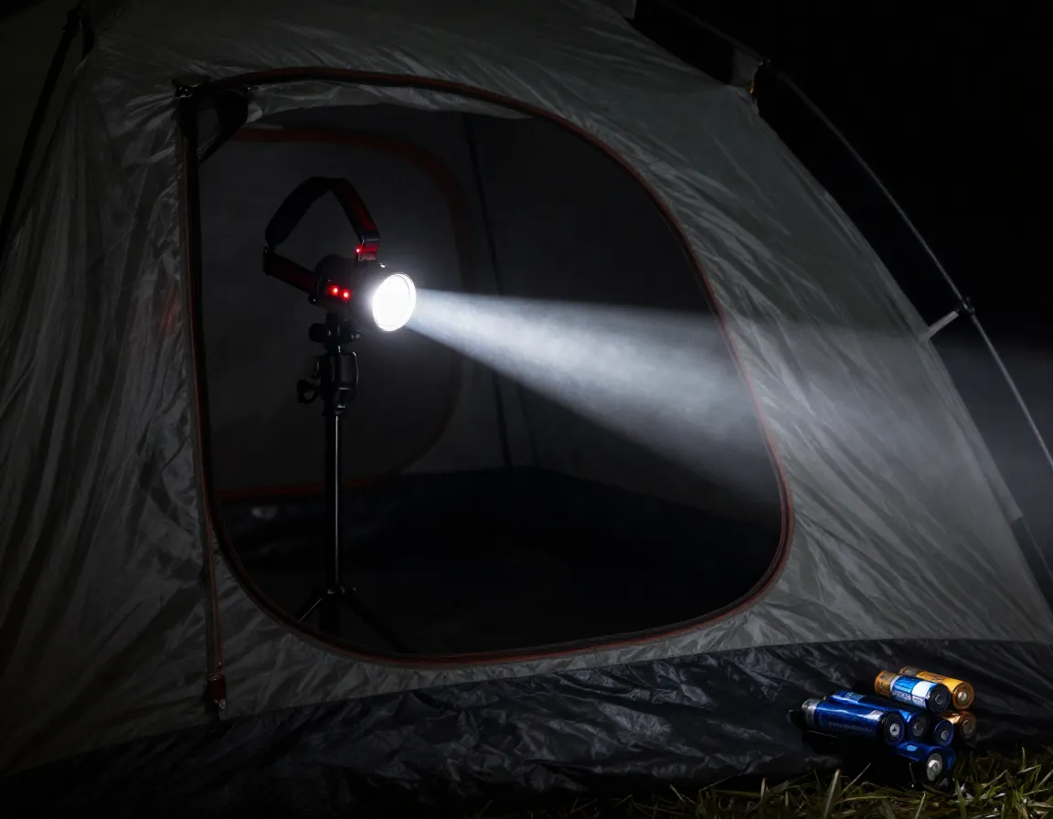 High lumen headlamp illuminating tent interior at night
