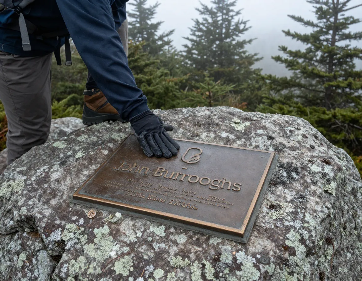 Hiker touching the john burroughs plaque on slide mountain summit