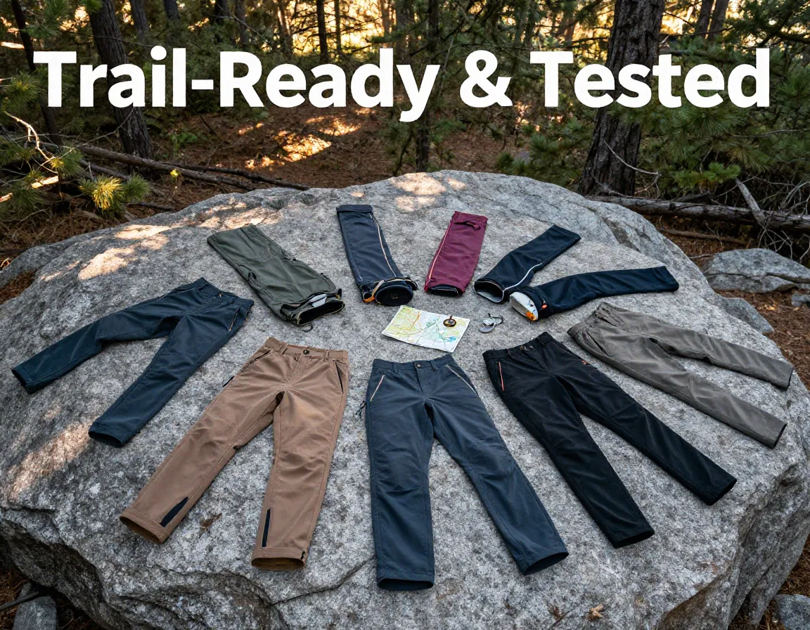 Eight hiking pants on rock sunlit forest clearing gear selection