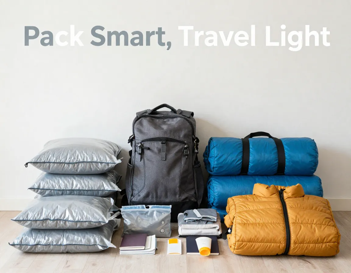 Overhead organized travel packing vacuum bags gear flatlay