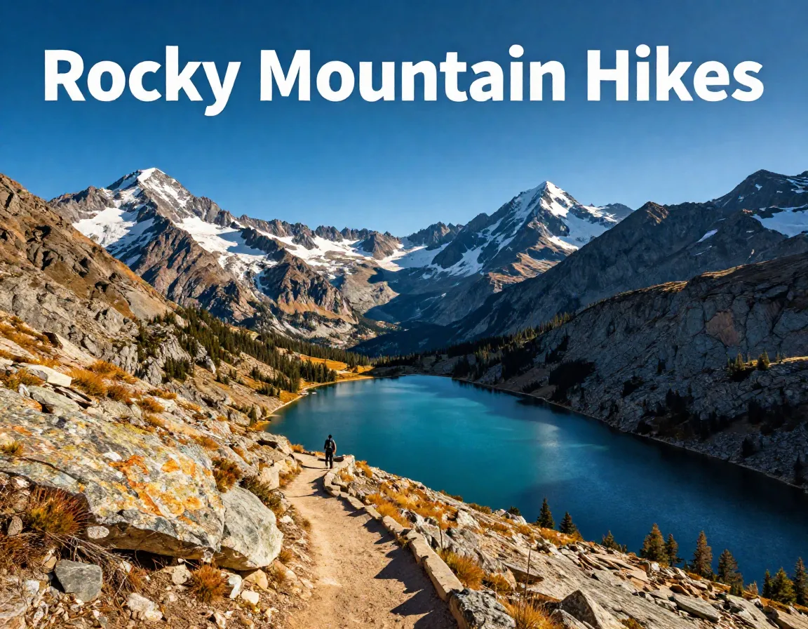 Sunlit trail turquoise lake jagged peaks hiker scale dramatic panorama rocky mountain
