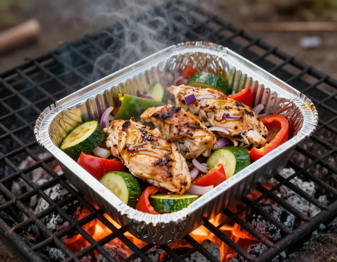 Classic chicken vegetable packet cooking over campfire coals