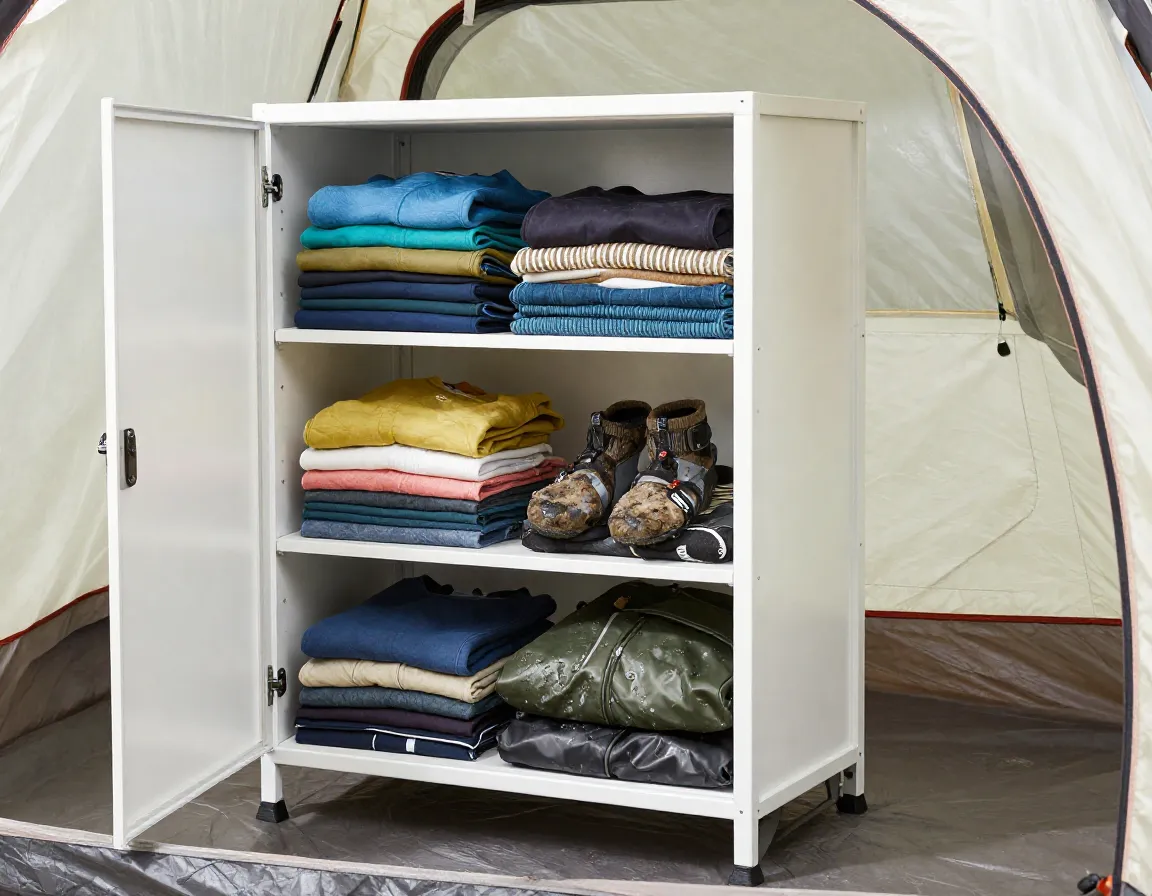 Folding cupboard with shelves organized clothes in tent interior
