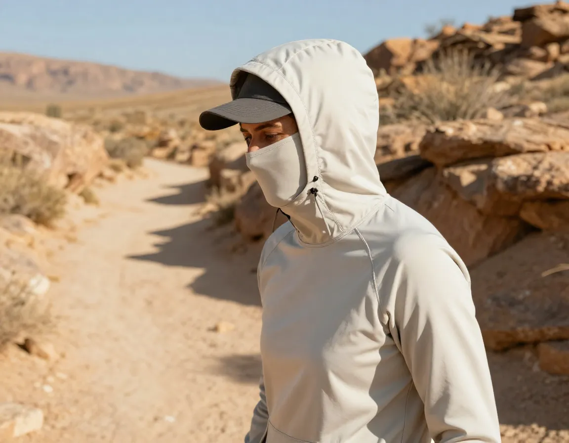 Hiker wearing full coverage hoodie on sunlit desert trail