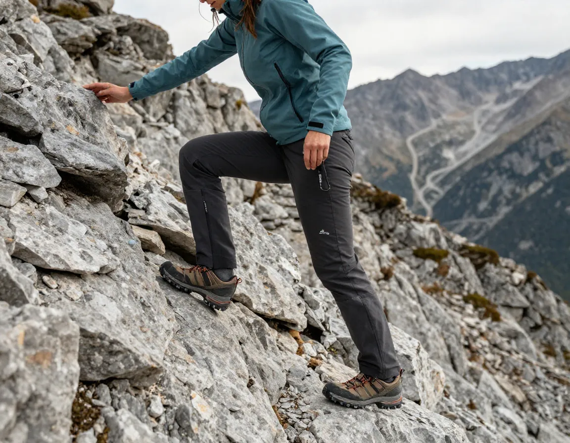 Outdoor research ferrosi pants hiker scrambling rocky mountain ridge