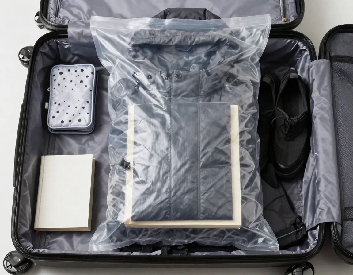 Bulky winter parka compressed paperback book suitcase travel