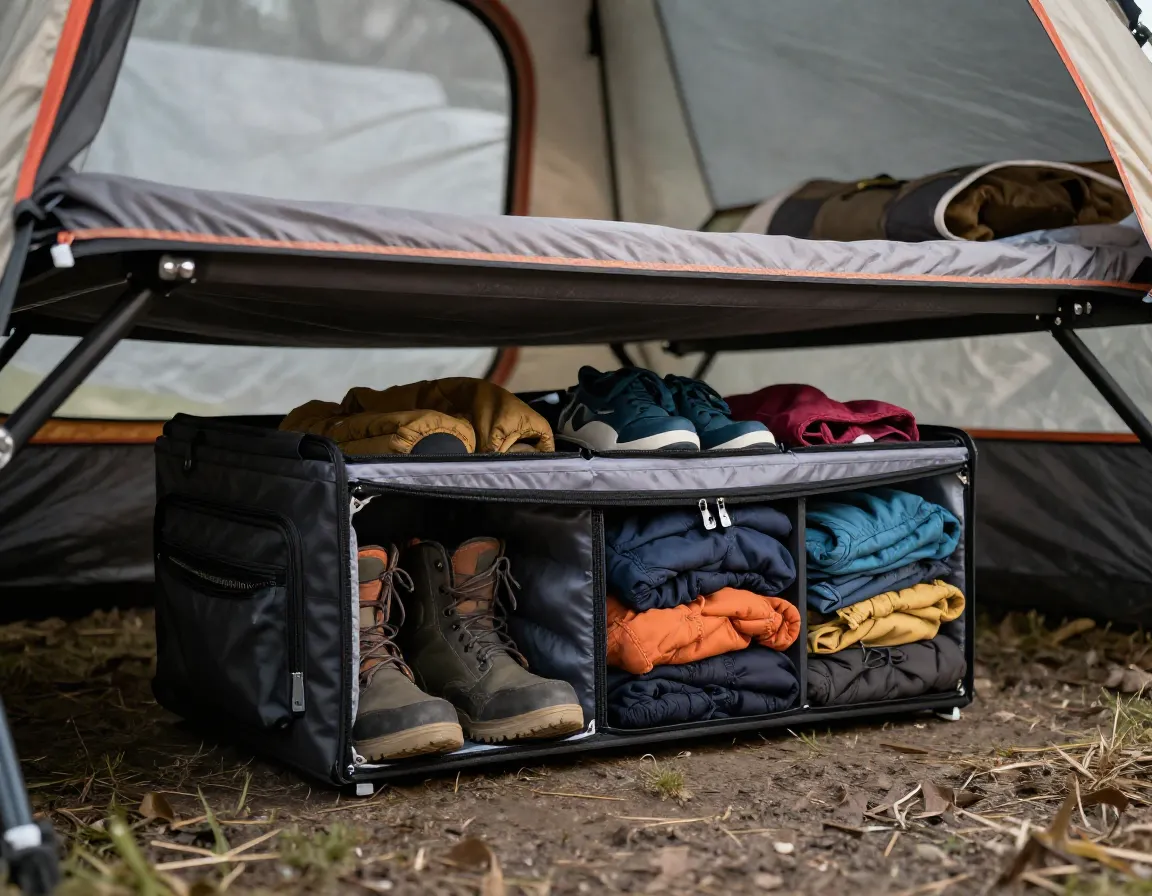Lockable footlocker storage beneath camping cot with dividers