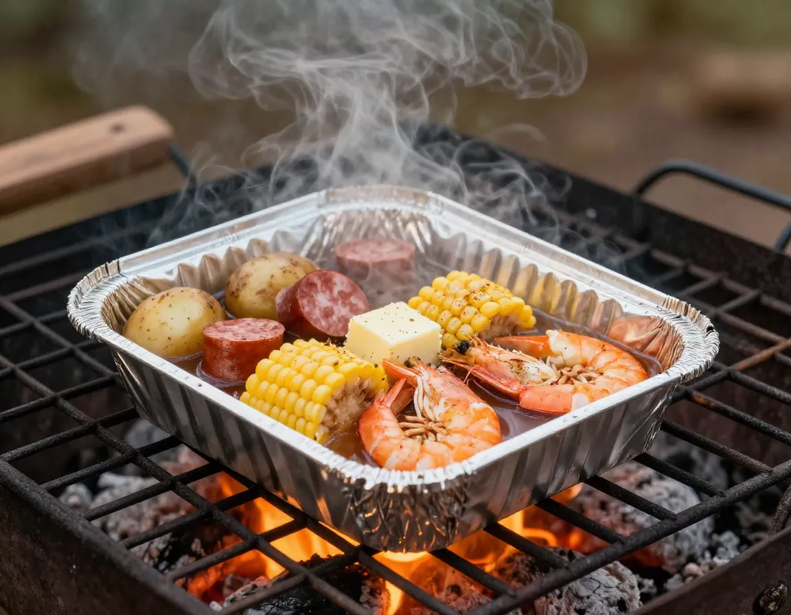 Shrimp corn country boil packet steaming on fire grate