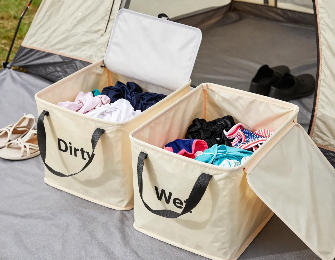 Collapsible bins with handles containing dirty and wet laundry