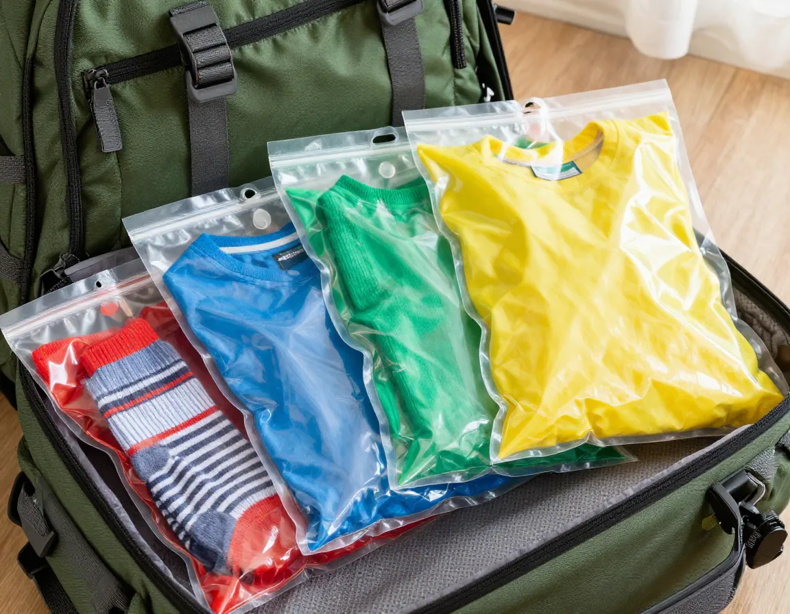 Color coded vacuum bags organize socks shirts pants family gear