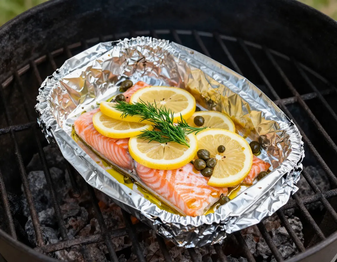 Salmon fillet with lemon dill in foil packet on grill