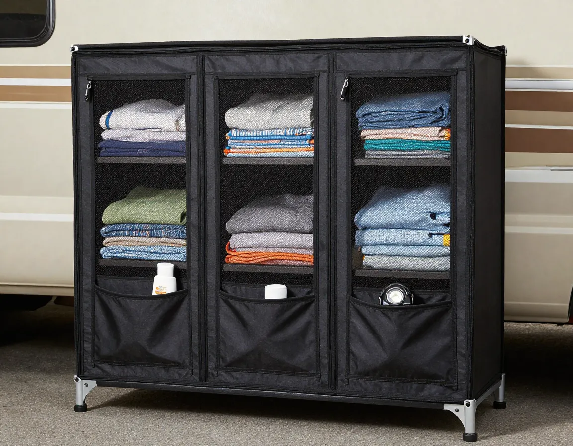 Portable fabric cabinet with zippered closure and external pockets