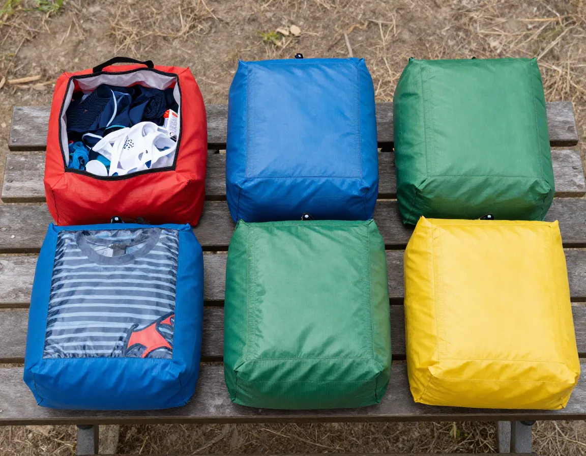 Color coded dry bags for clothing organization on campsite table