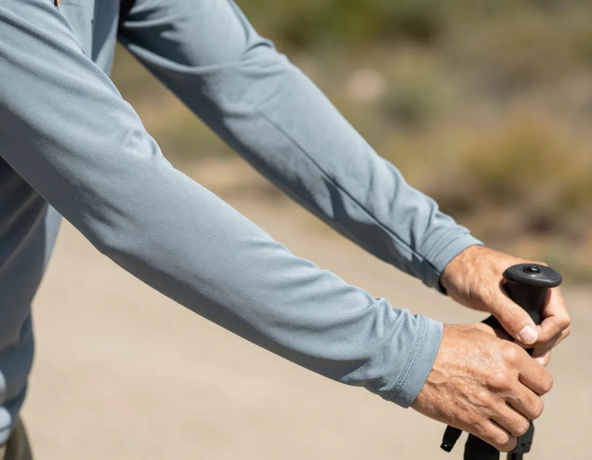 Hikers arms with long hoodie sleeves providing coverage