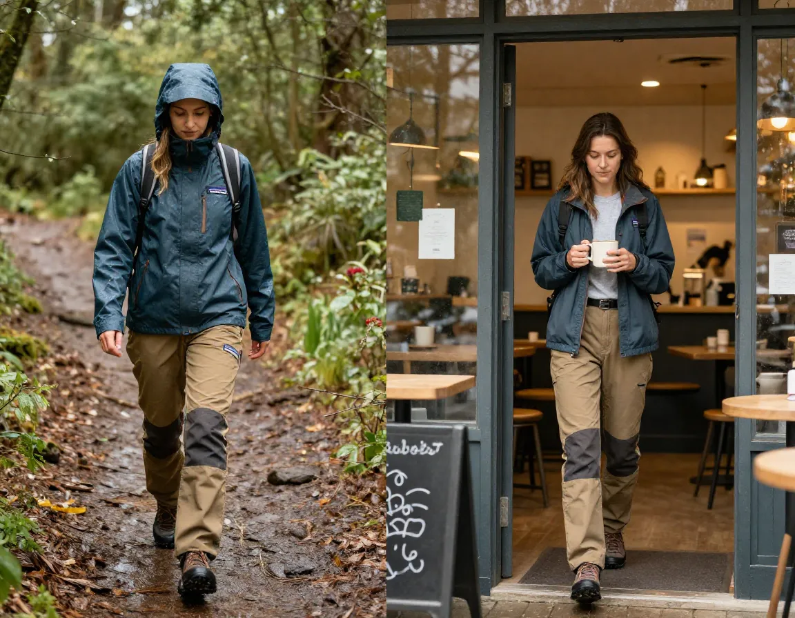 Patagonia quandary pants rainy trail to coffee shop transition