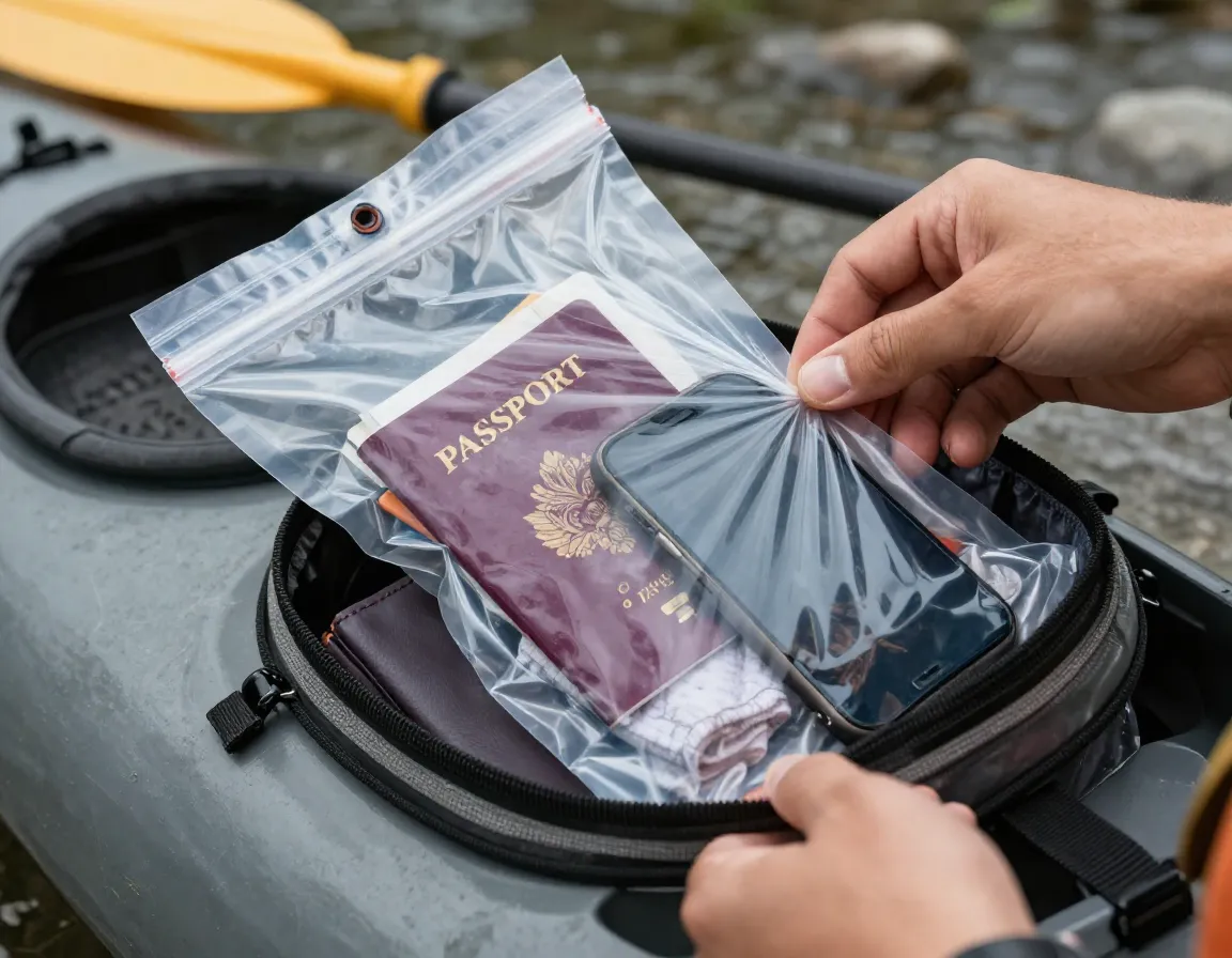 Vacuum bag makeshift dry bag passport phone wallet kayak trip