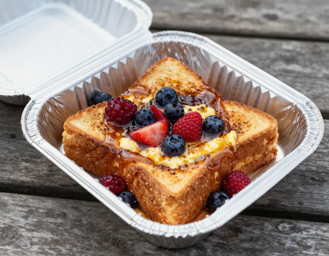 French toast cube packet with syrup berries on foil