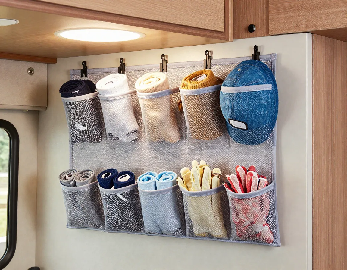 Mesh hanging organizer with pockets on rv cabinet door