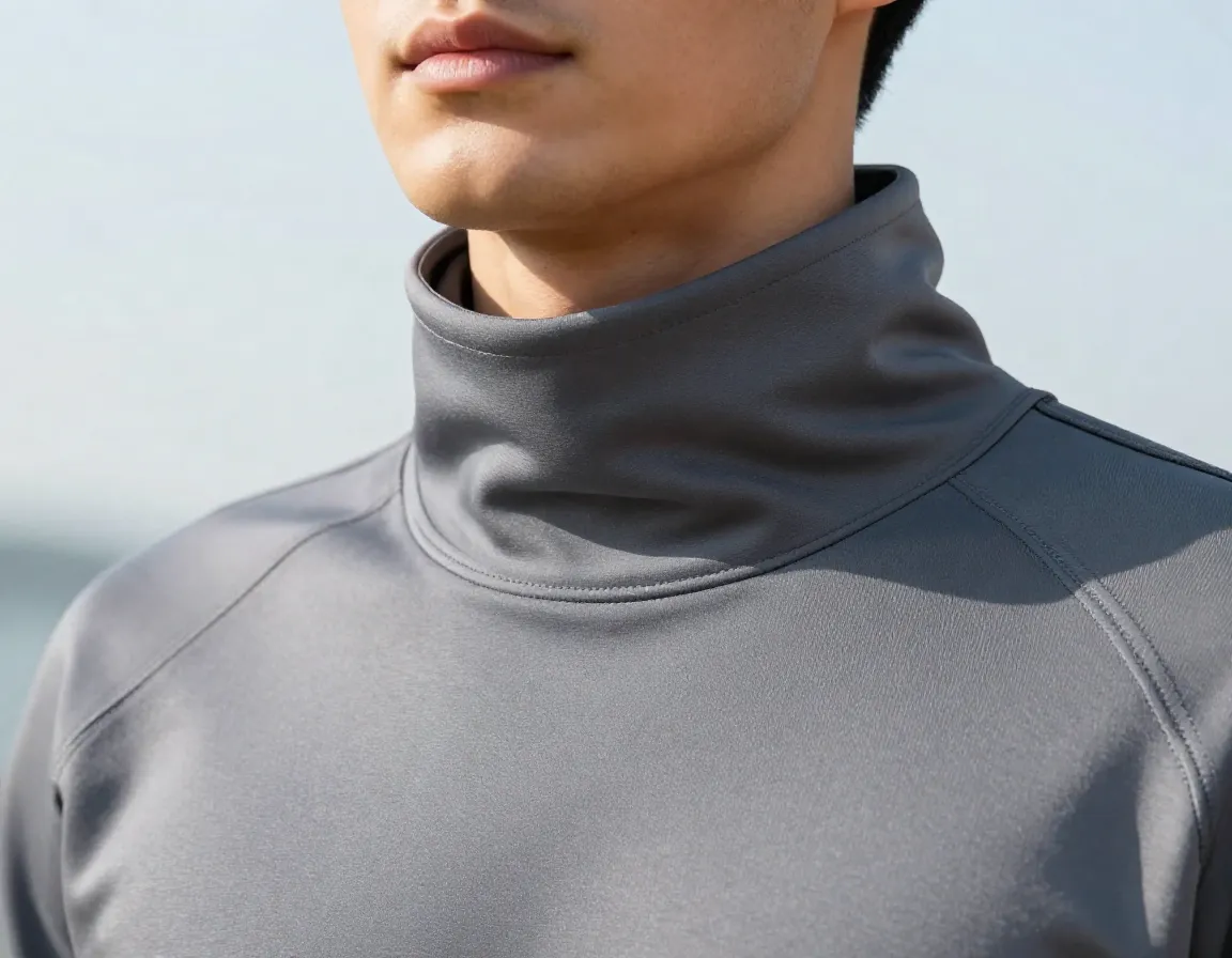 Person showing hoodies high mock neck collar protection