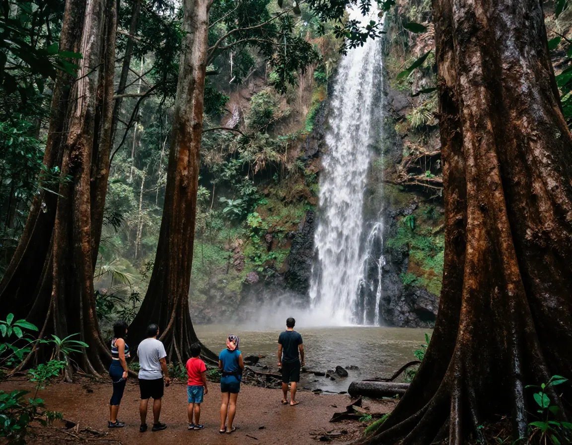 Protesters falls short walk towering flooded gums ancient figs waterfall