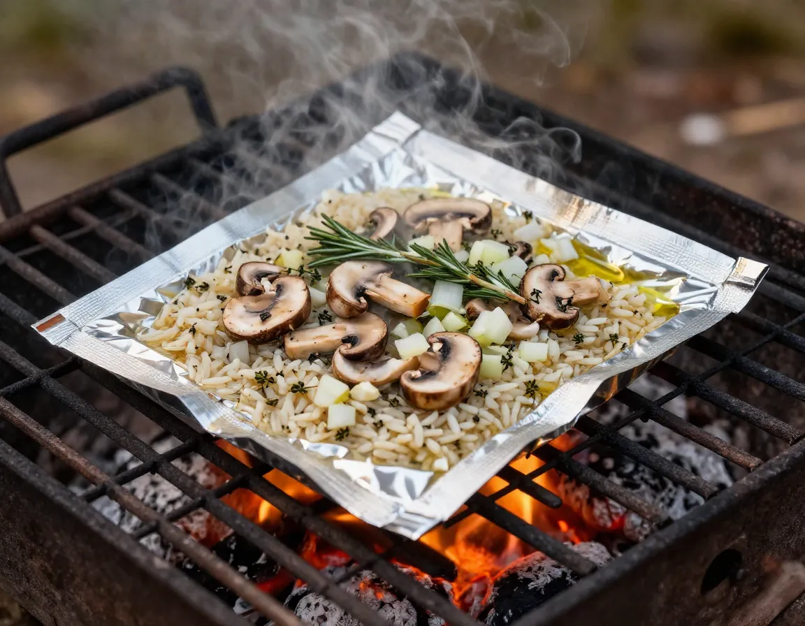 Herbed mushroom rice packet steaming on campfire coals