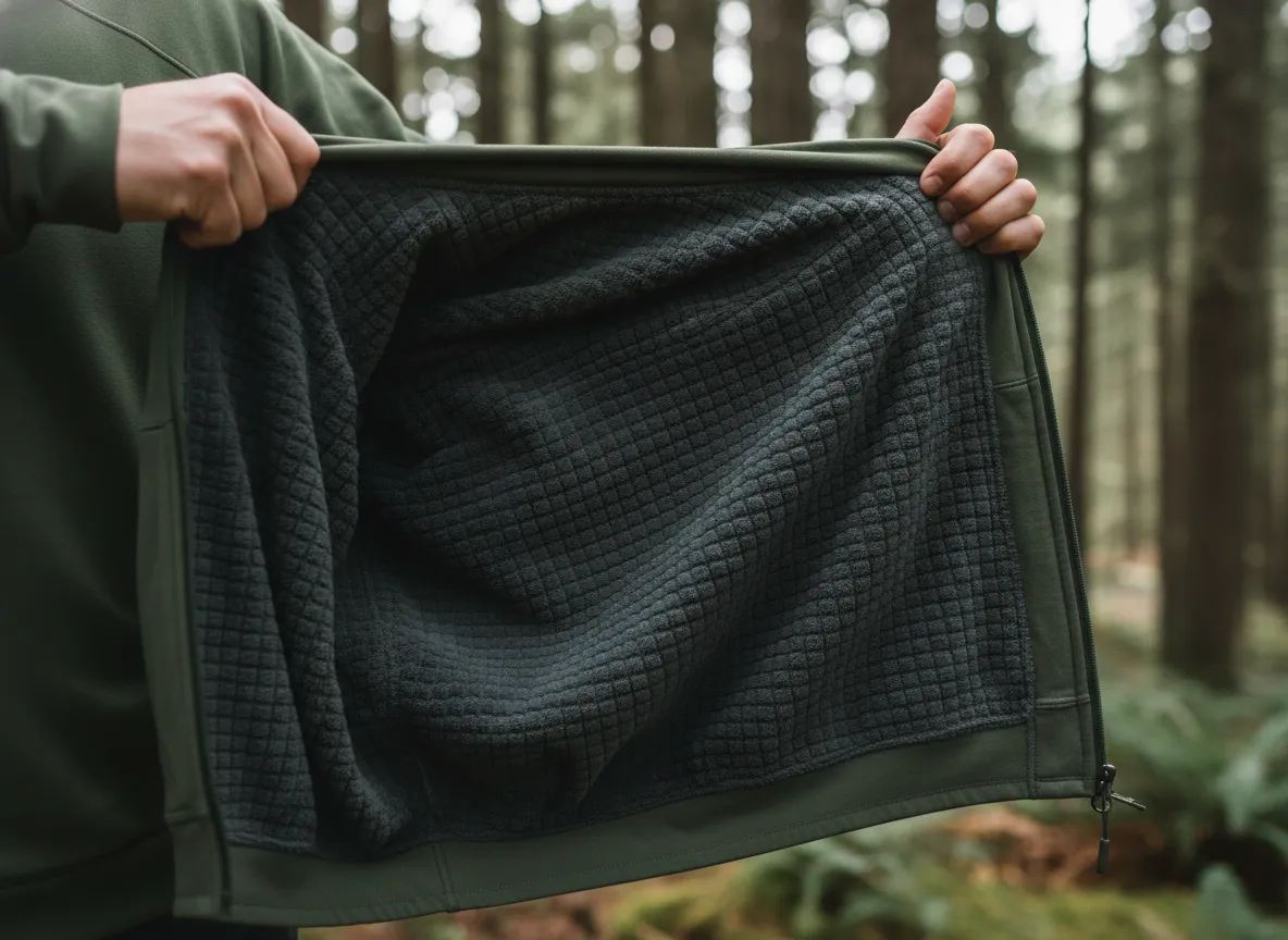 Interior grid fleece lining of hoodie in forest