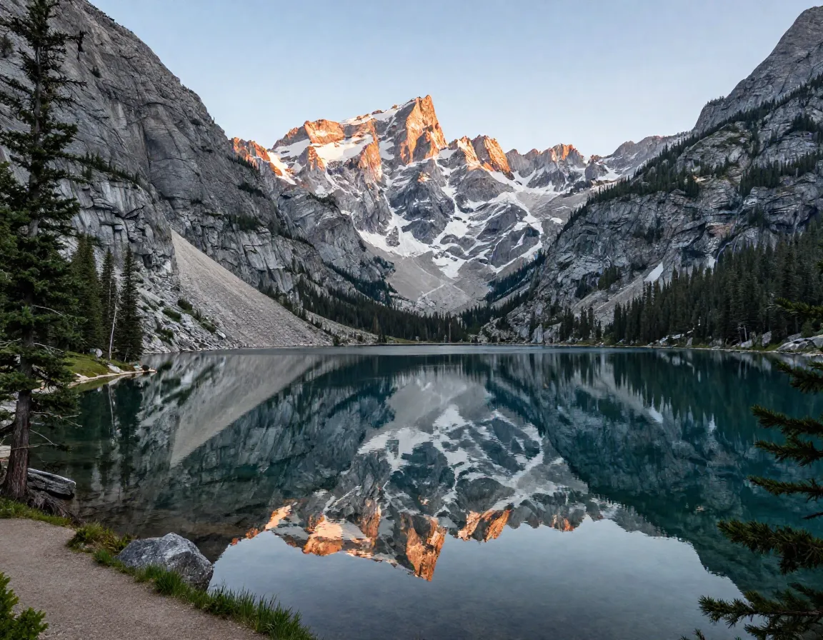 Mills lake in glacier gorge with cathedral wall and longs peak background