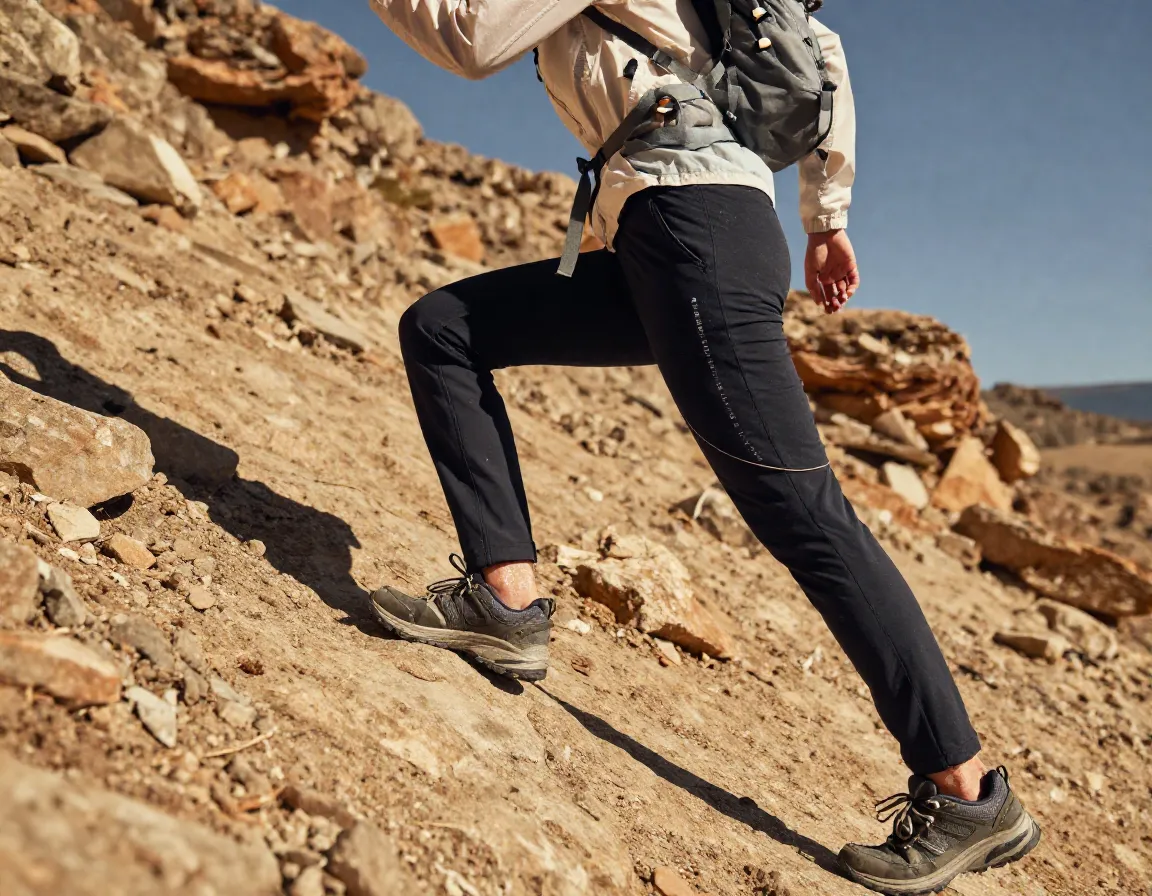 Rab momentum pants hiker sweating ascending steep sunny trail