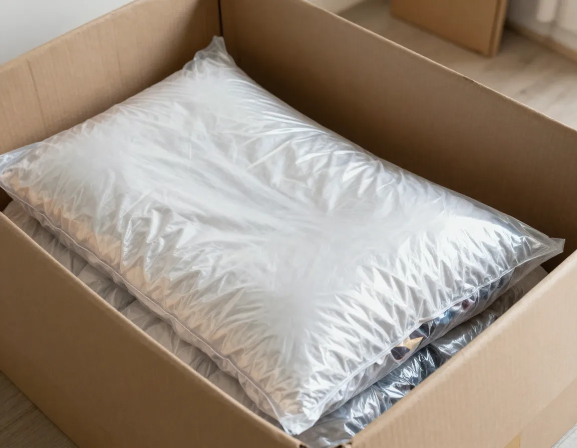 Vacuum bag compressed bedding pillows moving box relocation