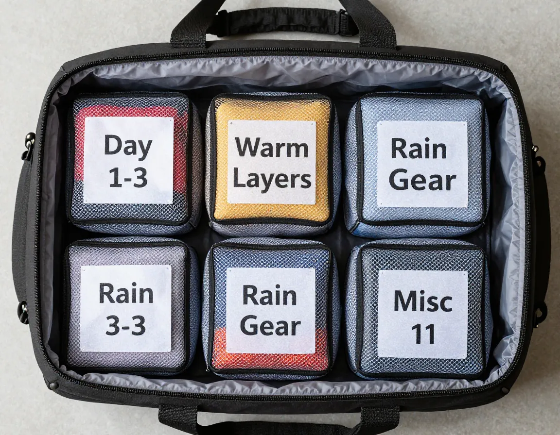 Labeled mesh packing cubes organized in open duffel bag