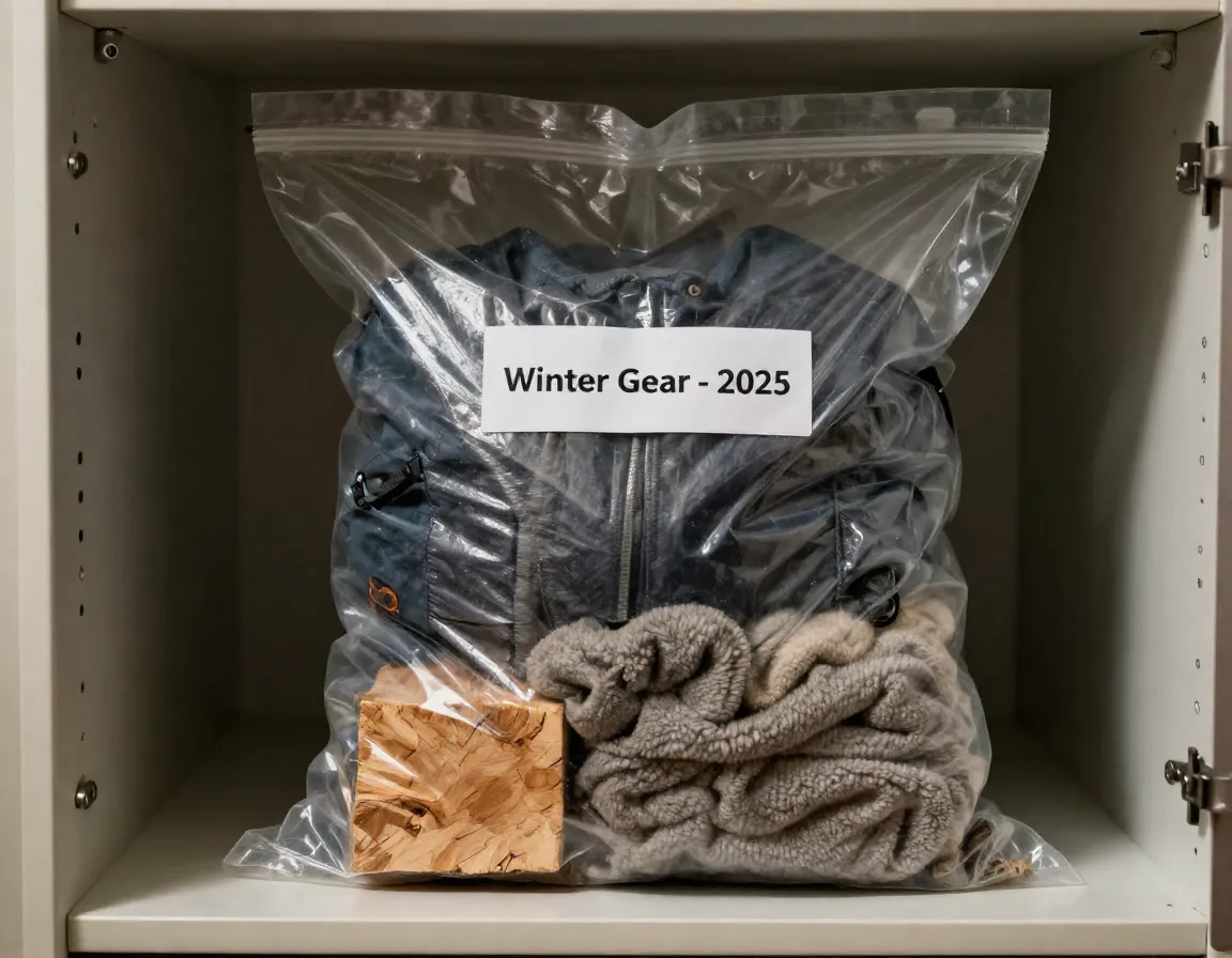 Seasonal storage vacuum bag cedar block labeled cool closet