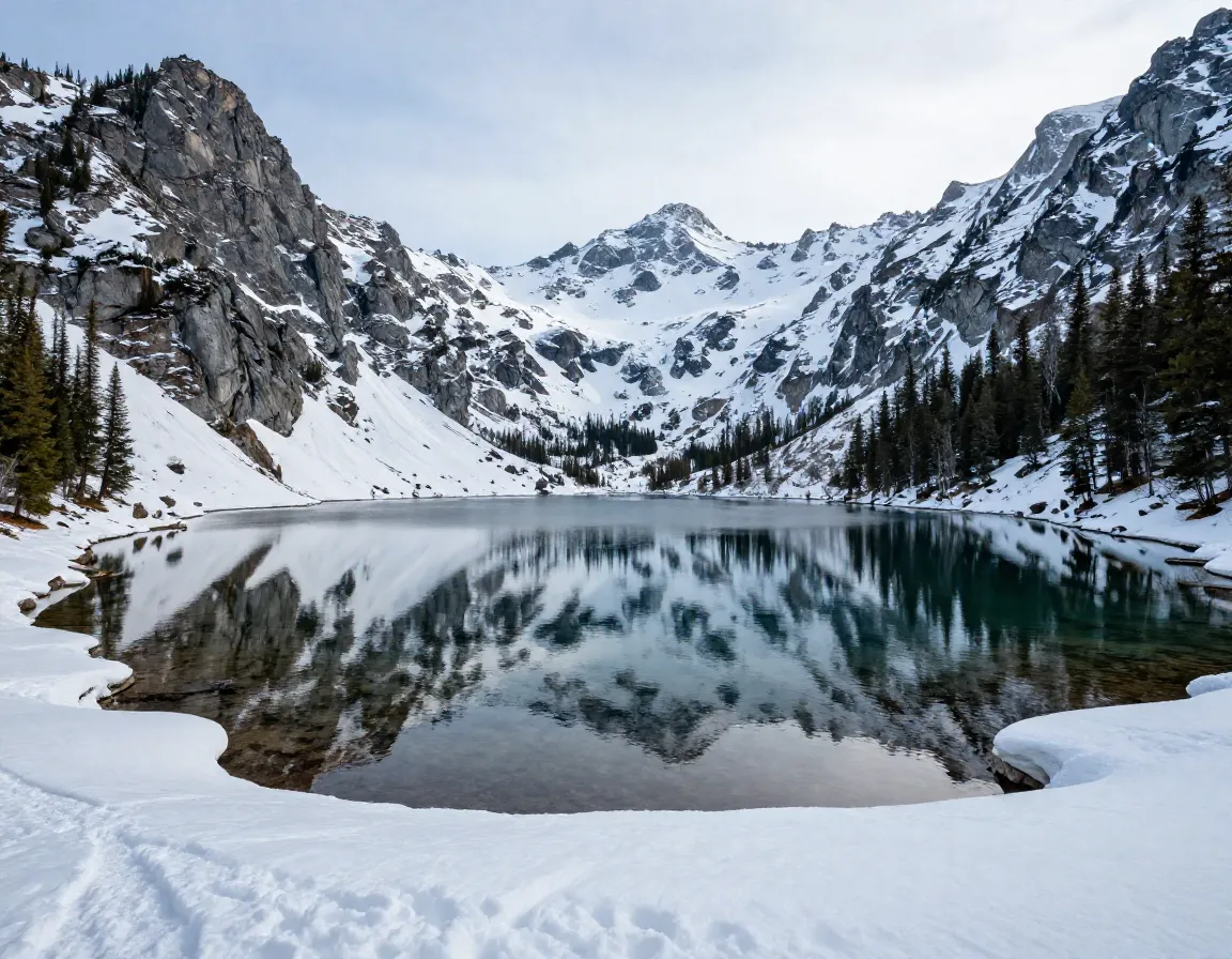The loch alpine lake in glacier gorge with reflecting peaks and packed snow