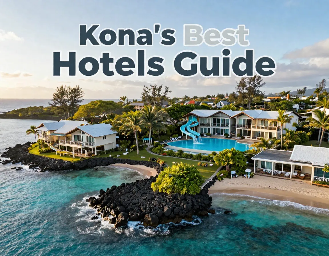 Kona hotel guide aerial coastline luxury family budget scene composite