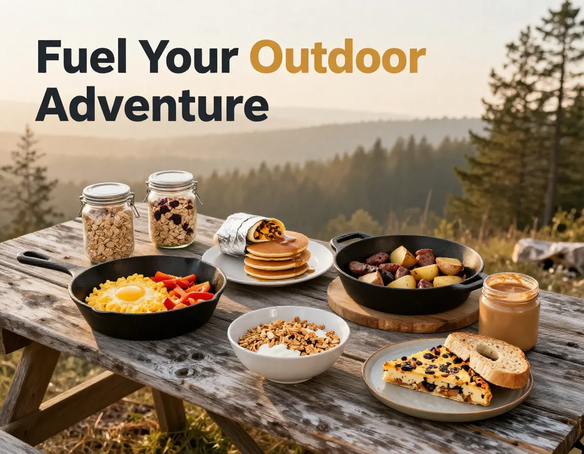 Rustic campsite breakfast spread cast iron pancakes burrito granola