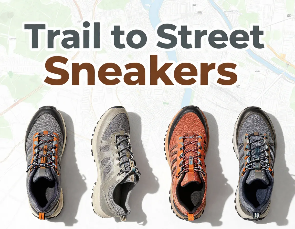 Womens hiking sneakers flat lay trail map background gear selection